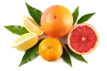 healthy food. mix lemon, orange and grapefruit with green leaf isolated on white background