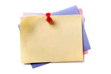 Various colors sticky oblong post it note yellow on top pushpin isolated white background photo