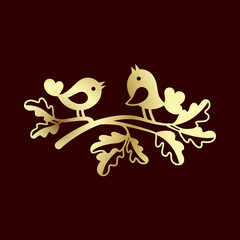 Couple of small birds in the oak branch. Laser cutting or foiling template for greeting cards, envelopes, wedding invitations, decorative interior elements.