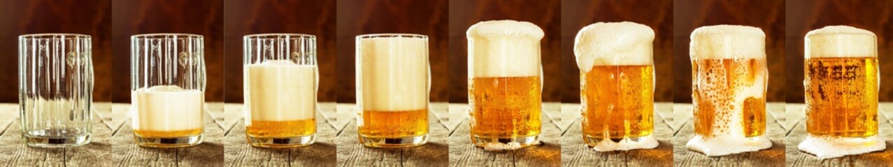 Glass of beer on an old wooden table. Sales of alcohol.Beer panorama.