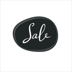 Fototapeta premium Abstract white sale sign over black bubble gum blot on white background. Color paint drop. Nail polish splash. Cartoon vector illustration. Abstract water shape for banner, sticker, badge