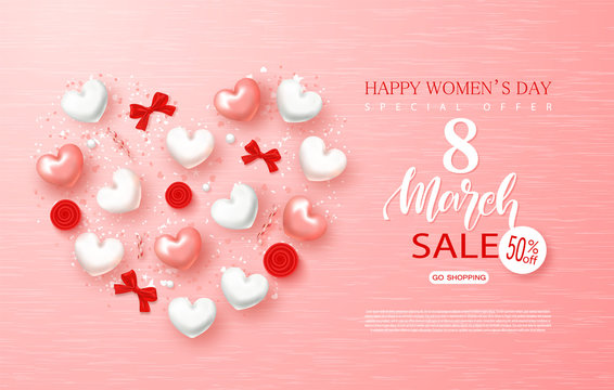 8 March Happy Womens Day sale banner. Beautiful Background with Hearts , bows, roses and serpentine. Vector illustration for website , posters, ads, coupons, promotional material.