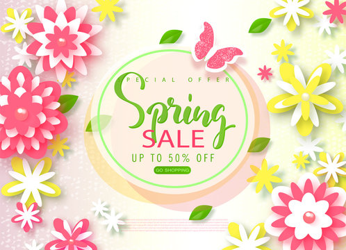 Spring sale banner. Beautiful Background with paper flowers and butterfly. Vector illustration for website , posters, email and newsletter designs, ads, coupons, promotional material.