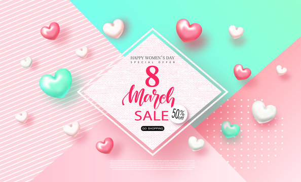 8 march Happy Womens day sale banner. Beautiful Background with hearts. Vector illustration for website , posters, ads, coupons, promotional material.