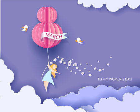Card for 8 March womens day. Abstract background with text and flowers .Vector illustration. Paper cut and craft style.