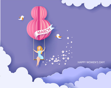 Card for 8 March womens day. Woman on swing. Abstract background with text and flowers .Vector illustration. Paper cut and craft style.