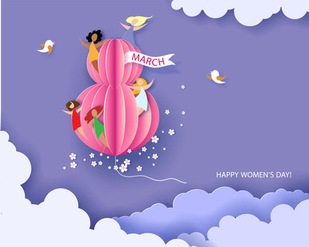 Card for 8 March womens day. Abstract background with text, flowers and women different nationalities. Vector illustration. Paper cut and craft style.