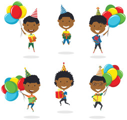 Jumping African-American boys carrying colorful wrapped gift boxes and bright balloons.