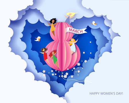 Card for 8 March womens day. Abstract background with text, flowers and women different nationalities. Vector illustration. Paper cut and craft style.