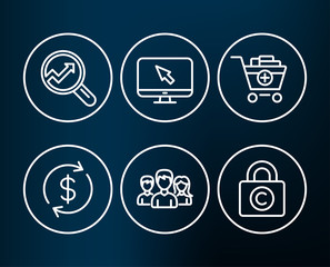 Set of Usd exchange, Add products and Internet icons. Analytics, Teamwork and Ð¡opyright locker signs. Currency rate, Shopping cart, Monitor with cursor. Vector