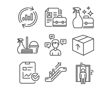 Set of Cleanser spray, Update data and Vacancy icons. Escalator, Household service and Report checklist signs. Package, Conversation messages and Elevator symbols. Vector