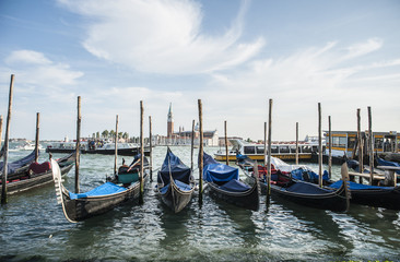 Naklejka premium the famous gondolas in Venice moored in the lagoon