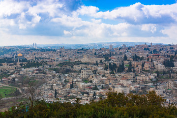 View of the city of Jerusalem. Israel. Winter. January. Houses on the mountain. Panorama. City landscape.