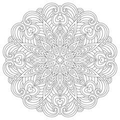 Flower circular mandala for adults. Coloring book page design. Anti stress black and white vintage decorative element. Monochrome oriental ethnic pattern. Hand drawn isolated vector illustration.