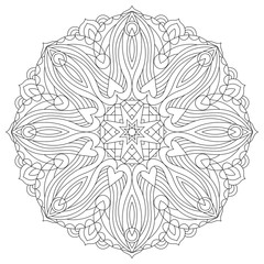 Flower circular mandala for adults. Coloring book page design. Anti stress black and white vintage decorative element. Monochrome oriental ethnic pattern. Hand drawn isolated vector illustration.