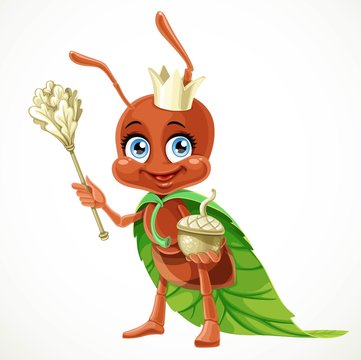 Cute cartoon ant queen in a cloak of green leaves with an acorn scepter isolated on a white background