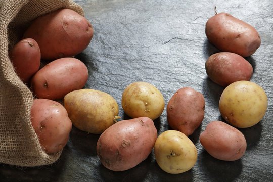 Red Potatoes from burlap sack on slate table with copy space