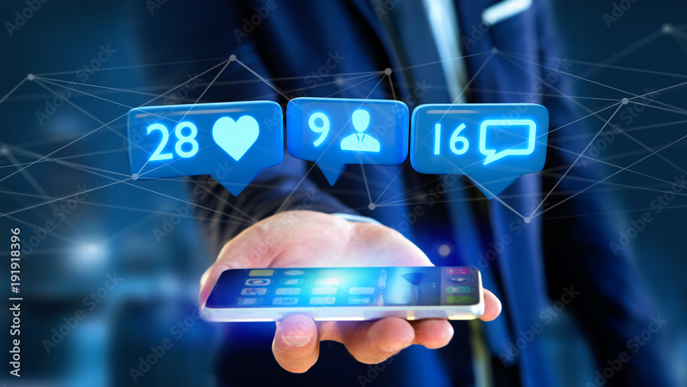 Poster businessman using a smartphone with a like, follower and message notification on social network - 3d