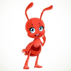Cute cartoon little red ant thinking about something while standing on a white background