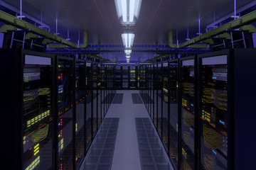 Naklejka premium Working data center interior. Concept of hosting, computer cluster, supercomputer, virtual servers, digital cloud or mining crypto currency farm.