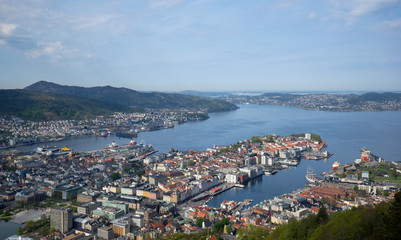 Bergen from the top cityscape taken from viewpoint of Floibanen railway
