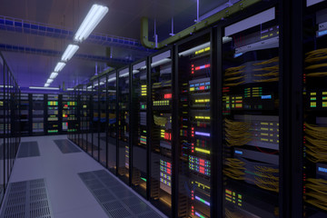 Working data center interior. Concept of hosting, computer cluster, supercomputer, virtual servers, digital cloud or mining crypto currency farm.