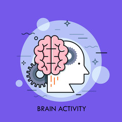 Human head profile, brain and gear wheels. Concept of intellectual or mental activity, intelligence, creative or intelligent thinking.
