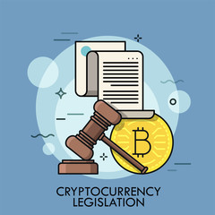 0191Golden bitcoin coin, paper sheet with text and gavel