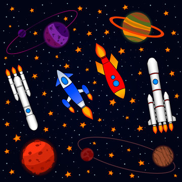 Rockets in interstellar space, painted in color. Planets and satellites, rockets flying into space. Vector illustration. Interstellar travel