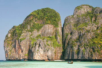 Maya Bay surrounded by limestone cliffs on Phi Phi Leh Island, Krabi Province, Thailand