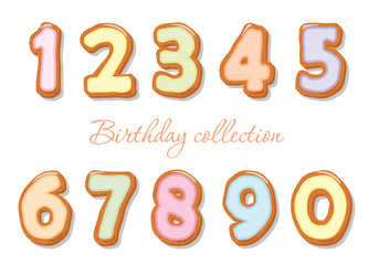 Cute hand drawn numbers set for birthday design. Sweet cookies glazed with pastel cream.