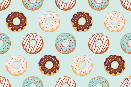 Seamless pattern with glazed donuts. Blue and beige colors. Girly. For print and web.