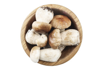 Mushroom Boletus in a wooden bowl, Autumn Mushrooms.