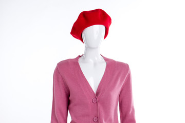Red woolen beret for women. Pink soft cardigan with buttons. Women casual outfit.