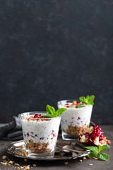 Chia pudding parfait with pomegranate, granola and light greek yogurt. Healthy eating