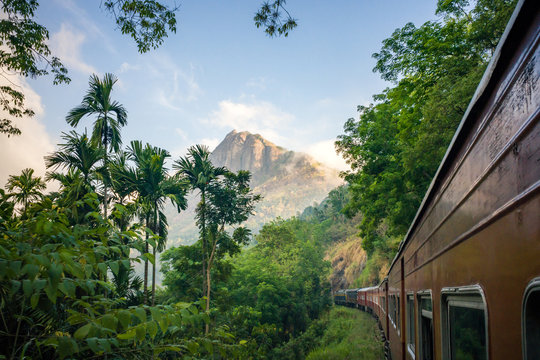 Train passing Alagalla Mountain, Sri Lanka