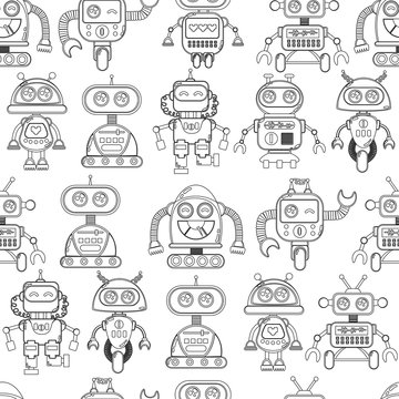 A cute, small, friendly blue with a red robot, with antennas and wires, kind vintage eyes and comic style inscriptions. Abstract seamless robot pattern for girls or boys. Creative robot vector pattern
