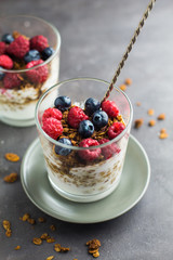 Granola with raspberries and blueberries. The concept of a healthy lifestyle, diet, healthy Breakfast