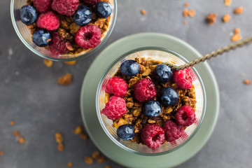 Granola with raspberries and blueberries. The concept of a healthy lifestyle, diet, healthy Breakfast