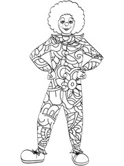 Fototapeta na wymiar Anti-stress coloring bookclown vector. Theater, circus, a woman in a jester costume.