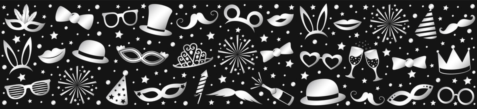 Silver coloured banner with party icons - panoramic header. Vector.
