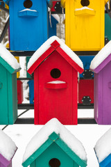 Colorful birdhouses for the birds in snow.