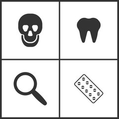 Vector Illustration Set Medical Icons. Elements of Skull, Tooth, Magnify  and Pills icon