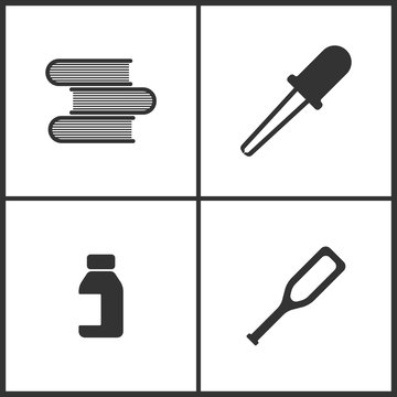 Vector Illustration Set Medical Icons. Elements of Books, Pipette, Bank of pills and Crutches icon