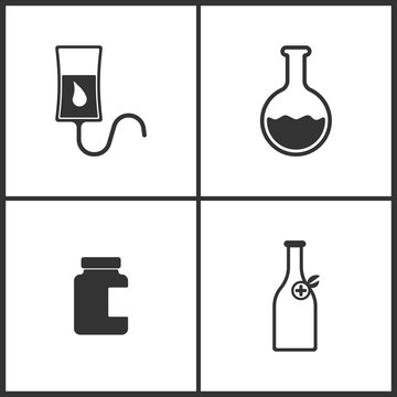 Vector Illustration Set Medical Icons. Elements of Drop counter, Laboratory glass, Bank of pills and Medicine vial bottle icon