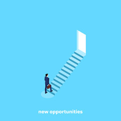 a man in a business suit with a briefcase in his hand climbs the steps to an open door, an isometric image