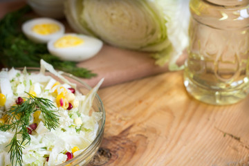 Healthy salad corn, cabbage.Eggs boiled on vegetable salad.