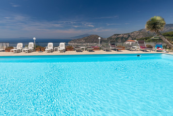 Swimming pool on the Amalfi Coast with views of the Gulf of Naples and Vesuvius. Sorrento. Italy