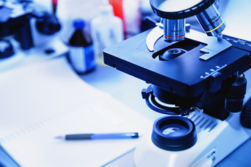 Medical equipment microscope in a laboratory
