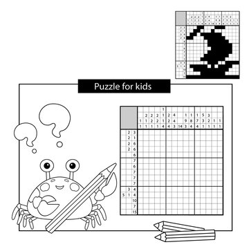 Education Puzzle Game for school Children. Ship. Black and white japanese crossword with answer. Nonogram. Coloring Page Outline Of sea crab. Coloring book for kids.